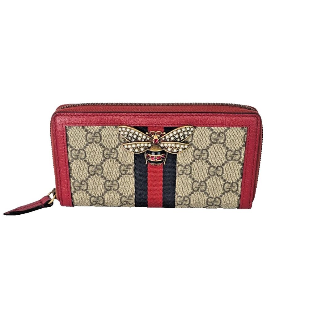 GUCCI Queen Margaret Bee Rhinestone Red Supreme Continental Wallet Zip Monogram - Picture 3 of 10